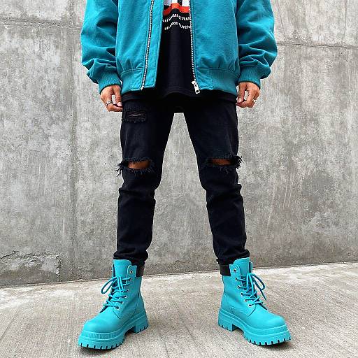 Photograph of a person wearing a teal jacket, black ripped jeans, and matching teal combat boots, standing against a gray concrete wall.