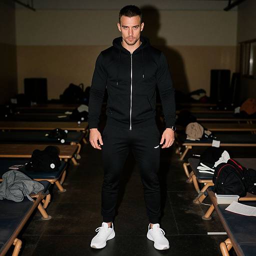 Photograph of a muscular man with short dark hair, wearing a black hoodie, black pants, and white sneakers, standing in a dimly lit gym