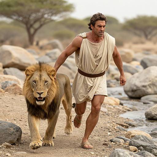 Photograph of a muscular, dark-haired man in ancient-style white tunic and shorts, running with a majestic lion through a rocky, dry savanna