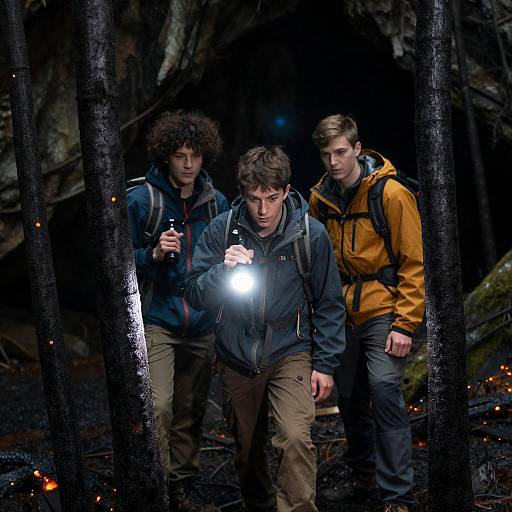 Adventurous trio in charred forest cave