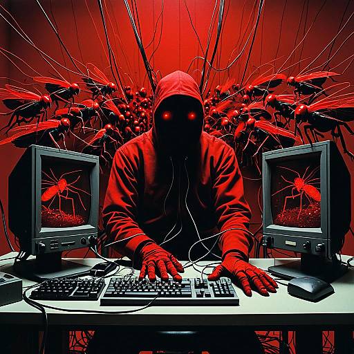 Red Hooded Figure with Insect Technology