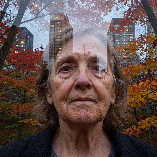 Photograph of an elderly woman with wrinkled skin and wavy gray hair, standing in front of autumn trees and city buildings with colorful leaves reflected on
