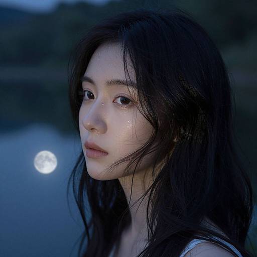 Photograph of a young Asian woman with long, wet black hair, gazing at a moonlit reflection in the water. Blue hues dominate the background