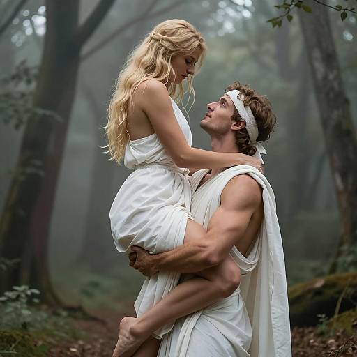 Romantic Embrace in a Misty Forest