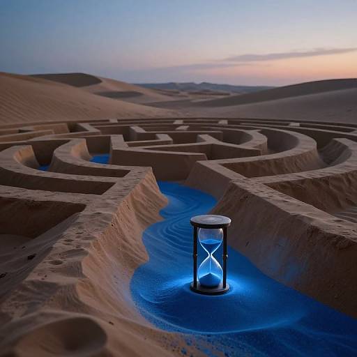 Photograph of a glowing blue lantern in a labyrinthine sand maze at twilight, with rippling blue water in the pathways.