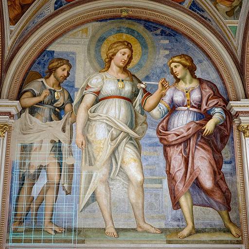 Renaissance fresco depicting three angels in classical robes; central angel with golden halo, white dress, and outstretched hand, interacts with two