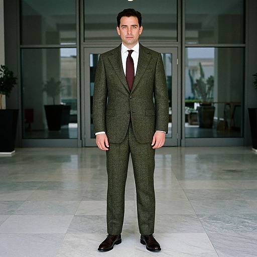 Photograph of a young Caucasian man with short black hair, wearing a dark gray pinstripe suit, white shirt, and black tie, standing in