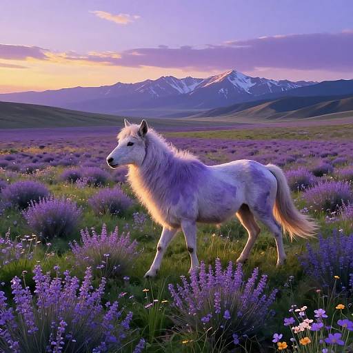 Photograph of a white wolf standing in a purple heather field at sunset, with snow-capped mountains and a colorful sky in the background.