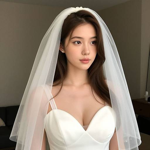 Photograph of a young Asian woman with long brown hair, wearing a white wedding dress and sheer veil, standing in a dimly lit room with neutral