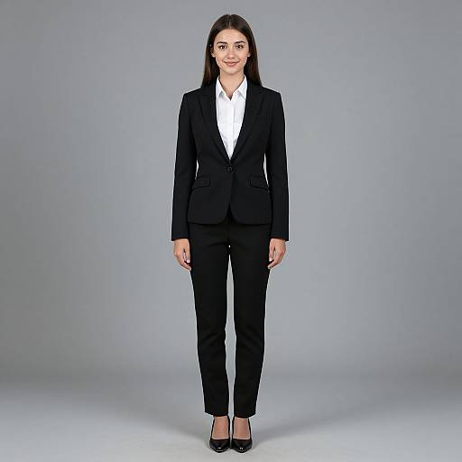 Photograph of a young woman with long dark hair, wearing a black blazer, white shirt, black pants, and black shoes, standing against a