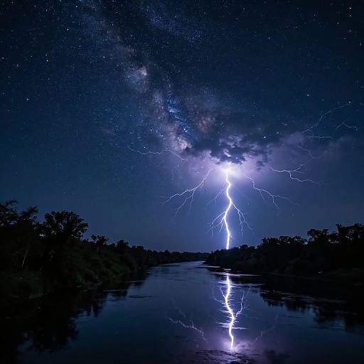 Photograph of a bright, jagged lightning bolt illuminating a dark night sky, reflecting on a calm, mirrored water surface, with silhouet