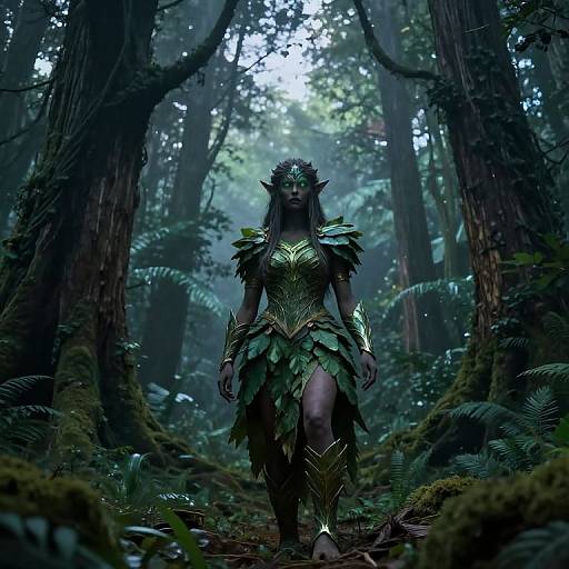 Digital fantasy artwork of a dark-skinned, elven woman with pointed ears, wearing leafy, gold-accented armor, standing in a mist