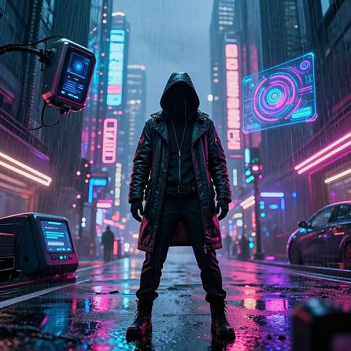 Cyberpunk Cityscape with Mysterious Figure