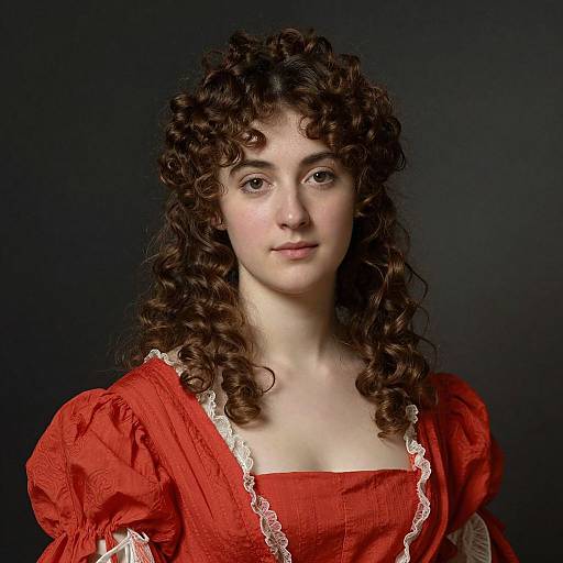 Photograph of a young woman with curly brown hair, fair skin, and brown eyes, wearing a red dress with white lace trim, against a dark