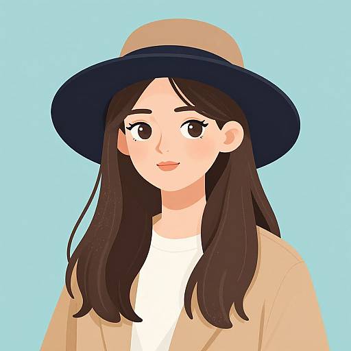 Digital illustration of a young woman with fair skin, long brown hair, wearing a beige hat, dark blue hat brim, beige coat, and white
