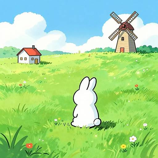 Digital drawing of a white bunny in a vibrant green meadow with a red-roofed house and windmill under a bright blue sky.