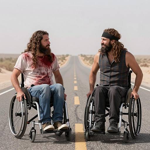 Two Men in Wheelchairs Smiling on Desert Road