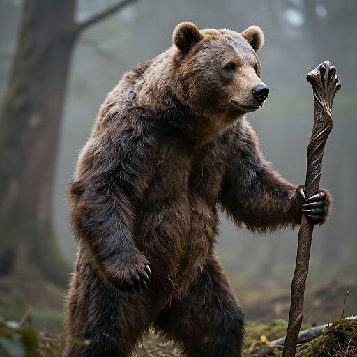Photorealistic CGI of a brown bear standing in a misty forest, holding a twisted wooden staff with claws visible.