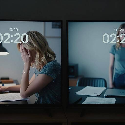 Two TVs Showing Distressed Woman at Desk