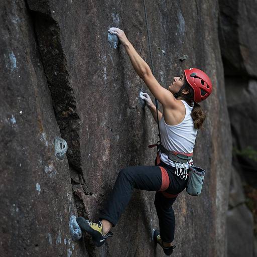 Female Rock Climber Ascending Outdoor Cliff