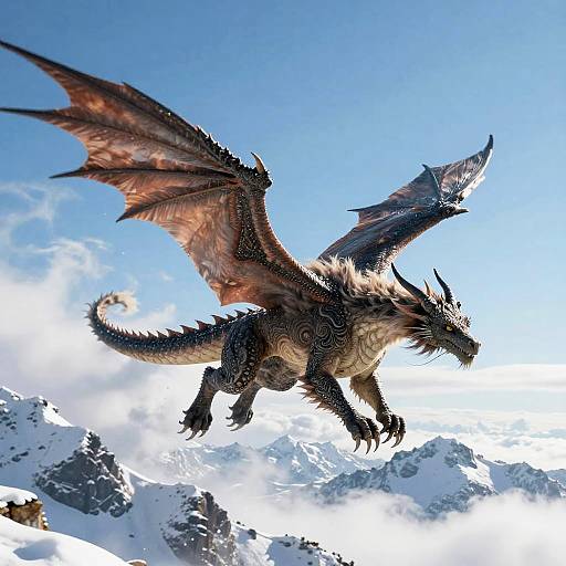 Digital artwork of a fierce, dark-scaled dragon with large, reddish-brown wings soaring above snowy mountain peaks under a bright blue sky.