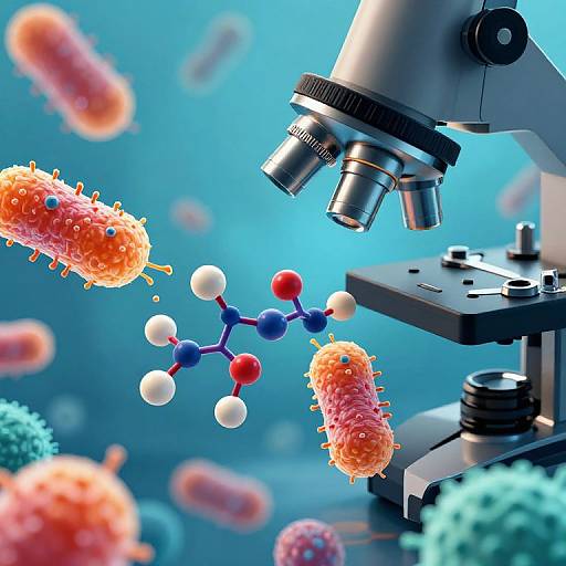 Photograph of a microscope examining colorful, spiky bacteria (orange, pink, blue, red, white) against a blue, blurred background.