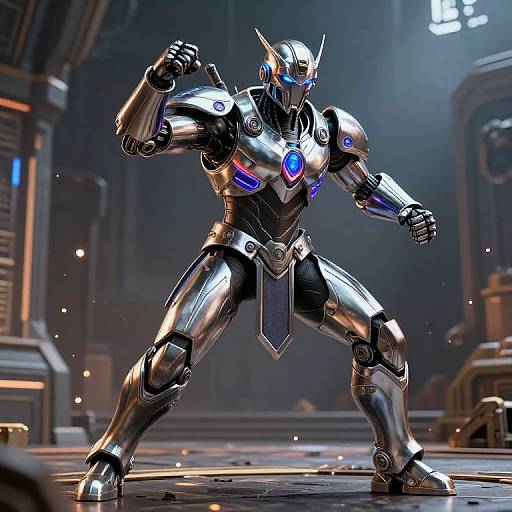 CGI image of a shiny, blue-accented, humanoid robot with a muscular stance, glowing blue eyes, and futuristic metallic armor in a dim