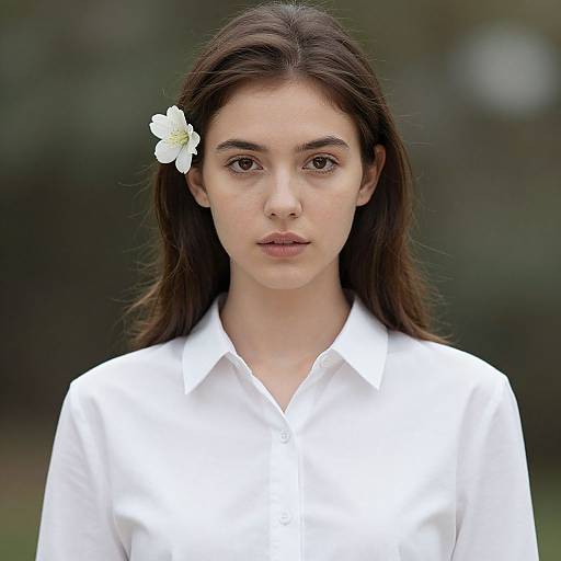 Photograph of a young woman with long brown hair, a white flower in her hair, wearing a white button-up shirt, with a neutral expression,