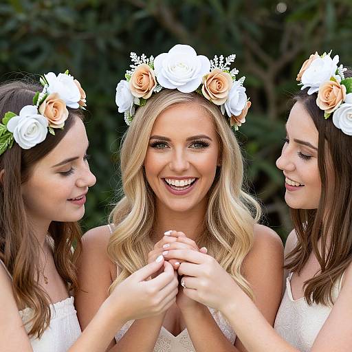 Photograph of three smiling women with wavy hair, white floral crowns, and white lace dresses, holding hands against a dark green leafy background