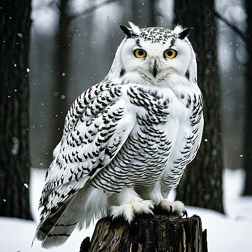 Snowy Owl on Tree Stump in Winter Forest