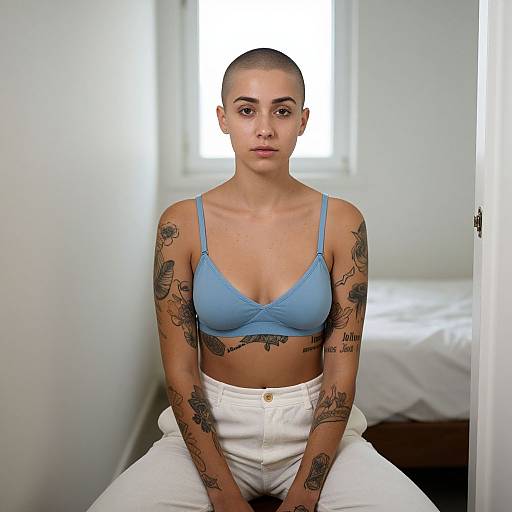 Photograph of a tattooed, bald woman with light brown skin, wearing a blue bralette and white pants, sitting in a bright, minimalistic