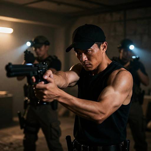 Tense Dark Scene with Armed Figures