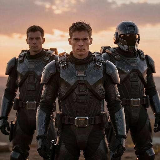 Three Sci-Fi Soldiers at Fiery Sunset