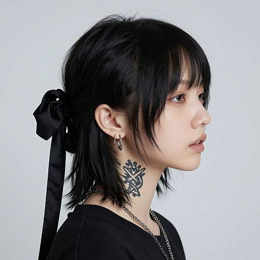 Photograph of a pale-skinned, black-haired woman in profile, with a black bow in her hair, silver hoop earrings, and a tattoo on