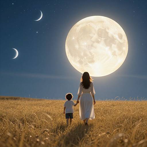 Photograph of a woman in a white dress and a boy holding hands, facing a large, glowing full moon, crescent moons, and stars in