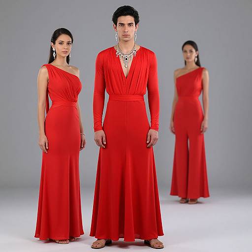 Photograph of three South Asian individuals in red, long-sleeve, floor-length evening gowns; two women with one man in the center,