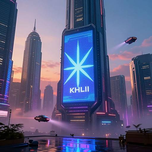 Digital art of a futuristic cityscape at sunset, featuring a towering skyscraper with a glowing 