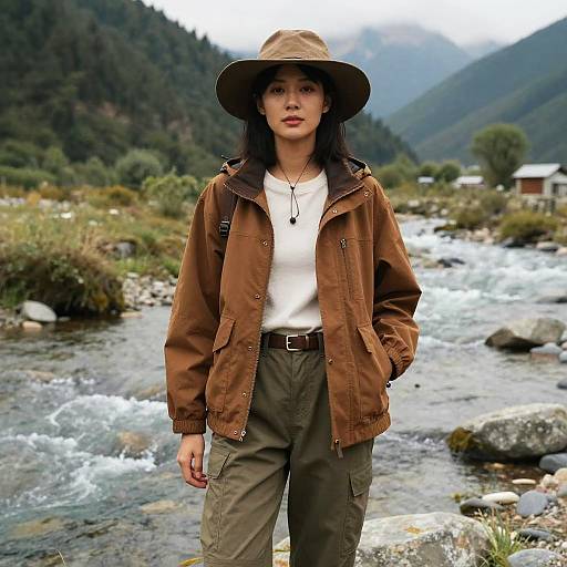 Photograph of an Asian woman with long black hair, wearing a brown jacket, white shirt, olive pants, and wide-brimmed hat, standing