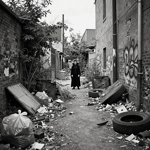 Black-and-white photograph of a narrow, littered alley with graffiti-covered brick walls, a lone figure in a long coat standing at the end, surrounded