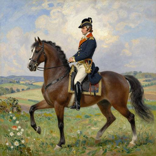 Oil painting of a young, fair-skinned man in a dark blue military uniform with gold trim riding a brown horse in a lush, colorful countryside.