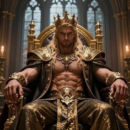 Digital art of a muscular, blonde king with a golden crown, ornate black and gold armor, and throne, in a gothic cathedral.