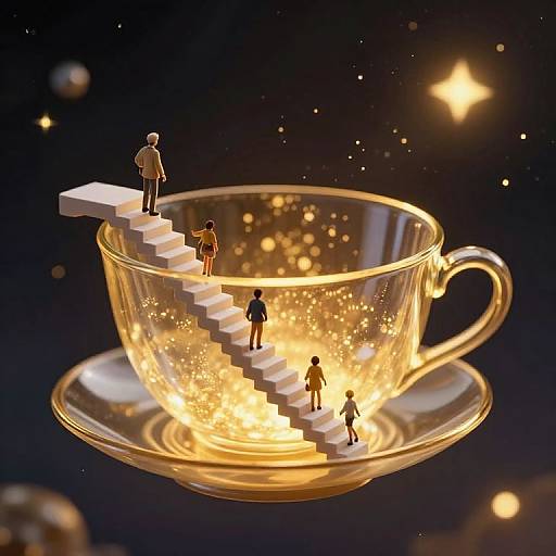 Digital artwork of a glowing, transparent teacup with miniatures of people climbing a white staircase inside, surrounded by golden sparkles and stars.