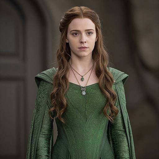 Photograph of a young woman with long, wavy brown hair, wearing a green, textured medieval-style dress with puffed sleeves, and two neck