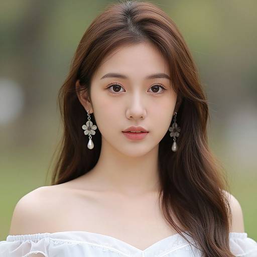 Photograph of an East Asian woman with long brown hair, fair skin, and delicate features, wearing white off-shoulder top and floral earrings,