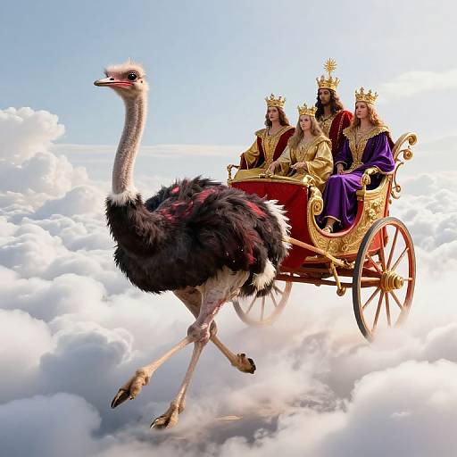 Photograph-like CGI of an ornate golden chariot with four crowned women in purple and gold robes, pulled by a large, black ostrich,