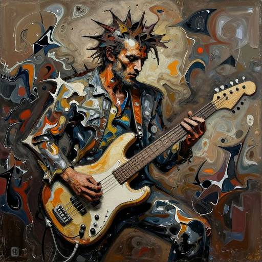 Abstract digital painting of a black man with spiky hair playing an electric guitar, surrounded by vibrant, swirling colors and patterns.