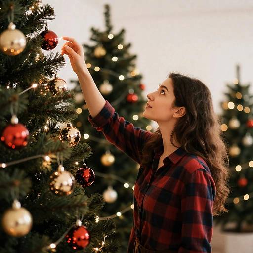 Festive Woman Touching Christmas Tree Lights