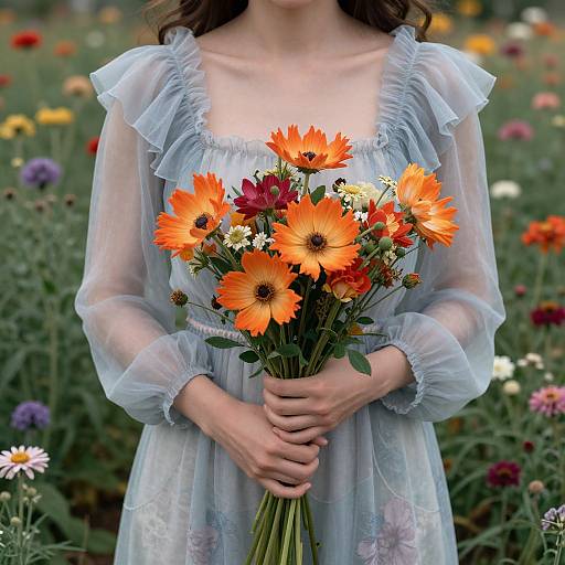 Photograph of a woman with long brown hair, wearing a sheer, light blue dress, holding a vibrant bouquet of orange and red flowers in a colorful