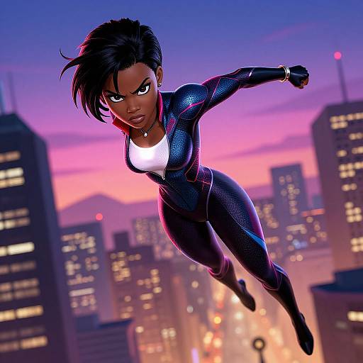 Digital illustration of a fierce, dark-skinned, black-haired woman in a tight, black-and-purple superhero suit, flying above a glowing cityscape at