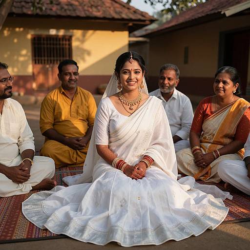 Photograph of a South Asian bride in a white traditional saree, adorned with gold jewelry, seated on a rug with four family members in traditional attire